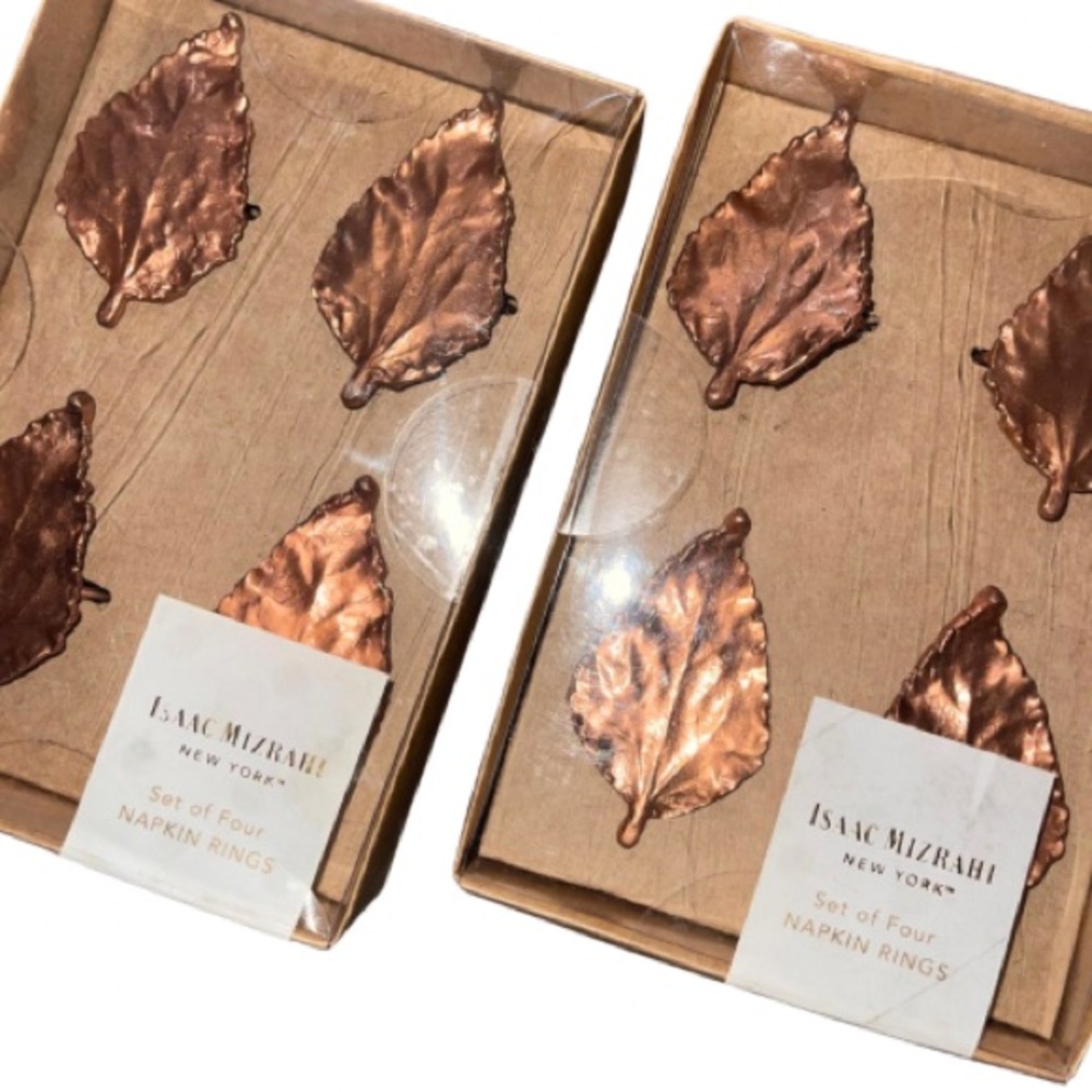 ISAAC MIZRAHI Metal Leaf Napkin Rings Set Of 8 Bronze Vintage Fall Tableware